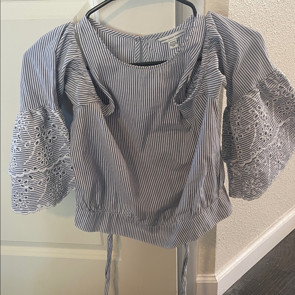 Blue and White Striped Tank Top with Lace